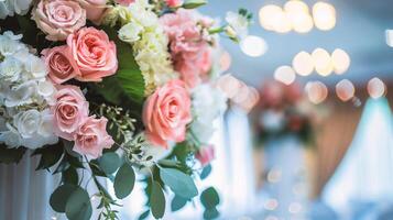 ai generiert Hochzeit Dekoration mit Rosen und Hortensie Blumen. foto