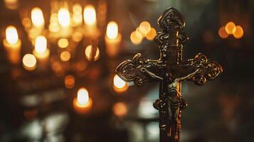 ai generiert Kreuz auf das Altar im das Kirche, Nahansicht foto