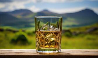 ai generiert ein erfrischend Glas von Whiskey auf ein rustikal hölzern Tabelle foto