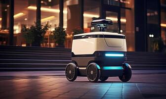 ai generiert ein futuristisch selbstfahrend Auto geparkt in der Nähe von ein modern Büro Gebäude foto