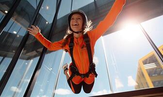 ai generiert ein Frau froh Sprung im ein Orange Jacke und Helm foto