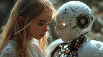 ai generiert diese süß Mädchen ist spielen mit ein Roboter. es zeigt an das Konzept von Zukunft Ausbildung. foto