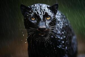 ai generiert Nahansicht Porträt von ein schwarz Jaguar suchen direkt beim das Zuschauer, generativ ai foto