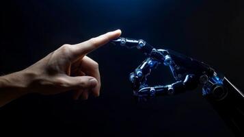 ai generiert Roboter Finger Herstellung Kontakt mit Mensch Finger, generativ ai foto