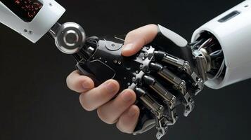 ai generiert Roboter Handschlag mit Roboter, Zukunft Geschäft Partnerschaft Konzept, generativ ai foto