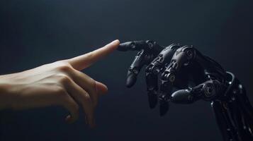 ai generiert Roboter Finger Herstellung Kontakt mit Mensch Finger, generativ ai foto