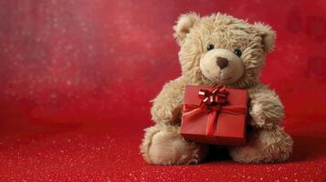 ai generiert ein Teddy Bär halten ein Geschenk Kasten, mit Raum zum Text foto