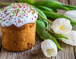 Ostern Ei Panettone Brot Kuchen Hintergrund glücklich Ostern Frühling Urlaub Tulpe foto