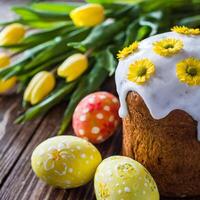 Ostern Ei Panettone Brot Kuchen Hintergrund glücklich Ostern Frühling Urlaub Tulpe foto