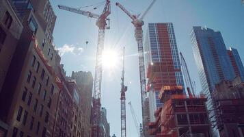 ai generiert Stadt Gebäude Konstruktion. Seite? ˅ Entwicklung, Turm Kran, Eigentum, urban, Wolkenkratzer, Wohnung foto