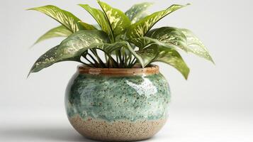ai generiert exotisch Zimmerpflanze im Keramik Topf auf minimalistisch Hintergrund. Anlage, Natur, Vase, drinnen, Blumen- foto