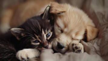 ai generiert Hündchen und Kätzchen Lügen zusammen. Liebe, liebenswert, Niedlich, Tier, Freundschaft, Pflege, Katze, Hund, Umarmung, Haustier foto