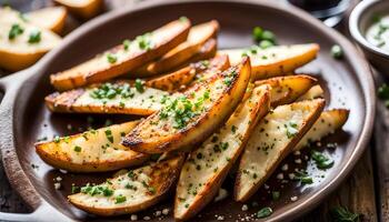 ai generiert knusprig Knoblauch Parmesan Kartoffel Keile foto