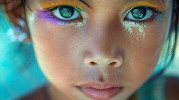 ai generiert Nahaufnahme, ziemlich Gesicht von ein schön Kind Mädchen mit multi Farben lebendig bilden auf minimal Hintergrund, generativ ai foto
