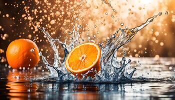 ai generiert Wasser planschen auf Orange foto