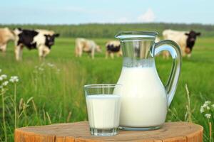 ai generiert Milch Krug mit Brille von Milch und hausgemacht Käse auf ein natürlich Hintergrund foto