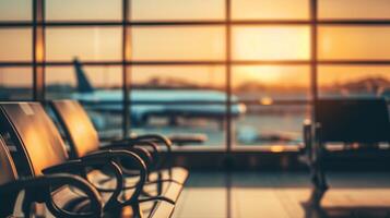 ai generiert Reihen von leeren Sitze im ein Flughafen warten Zimmer gegen ein Hintergrund von ein Panorama- Fenster mit Blick auf Flugzeuge foto