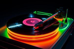 ai generiert Drehscheibe mit Vinyl Aufzeichnung im Nachtclub. schließen oben Sicht. foto
