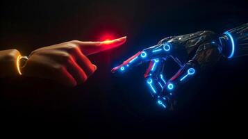 ai generiert Roboter Finger Herstellung Kontakt mit Roboter Finger, generativ ai foto