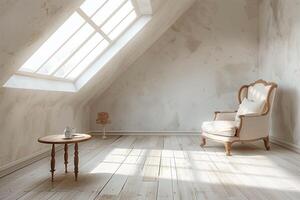 ai generiert Innere von ein leeren Weiß Leben Zimmer im das Dachboden mit ein Dachfenster und ein Sessel foto