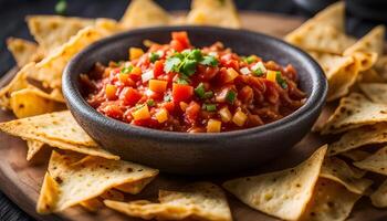 ai generiert Nachos mit Salsa Soße foto