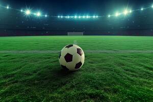 ai generiert Nahansicht von Fußball Ball im das Stadion im das Abend Licht, generativ ai foto