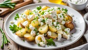 ai generiert hausgemacht klobig Kartoffel Salat mit Frühling Zwiebeln Lauchzwiebel, Zitrone Zitrusschale, Pfeffer, Feta Käse und Senf Joghurt Soße foto