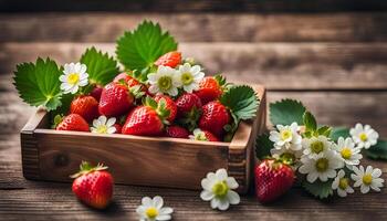 ai generiert Erdbeeren mit Blumen und Blätter im ein hölzern Box auf ein hölzern Tisch, Platz zum Text foto