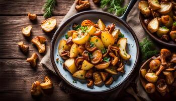 ai generiert gebraten Kartoffeln mit Pfifferling Pilze. foto