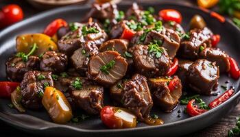 ai generiert gebacken Hähnchen Herzen und Leber mit Pfeffer foto