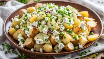 ai generiert hausgemacht klobig Kartoffel Salat mit Frühling Zwiebeln Lauchzwiebel, Zitrone Zitrusschale, Pfeffer, Feta Käse und Senf Joghurt Soße foto
