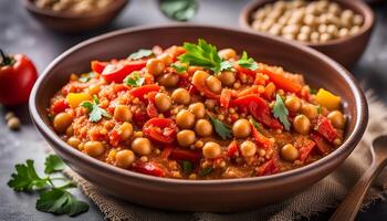 ai generiert Andenhirse Eintopf mit Spanisch geräuchert Paprika, Tomate, Glocke Pfeffer und Kichererbsen im Weiß Platte. foto