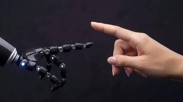 ai generiert Roboter Finger Herstellung Kontakt mit Mensch Finger, generativ ai foto