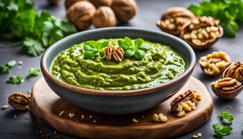 ai generiert Pesto Soße mit Petersilie und Walnüsse foto