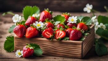 ai generiert Erdbeeren mit Blumen und Blätter im ein hölzern Box auf ein hölzern Tisch, Platz zum Text foto