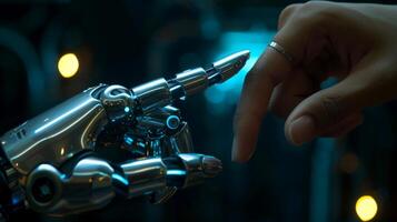 ai generiert Roboter Finger Herstellung Kontakt mit Mensch Finger, generativ ai foto