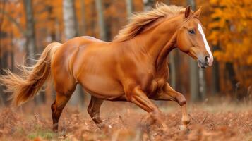 ai generiert majestätisch Kastanie Pferd galoppierend im Herbst Wald foto