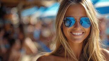 ai generiert lächelnd Frau mit Sonnenbrille beim sonnig Strand Erholungsort, Urlaub Stimmung foto