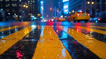 ai generiert glühend Nacht Stadt Straße mit Regen und reflektierend der Verkehr Linien foto