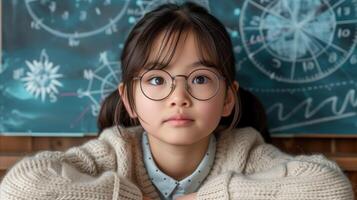 ai generiert jung Schüler mit Brille Tagträumen im Klasse - - Bildung Konzept foto