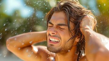 ai generiert jung Mann genießen frisch Wasser Dusche draußen im Sonnenlicht foto