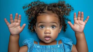 ai generiert bezaubernd Kleinkind mit lockig Haar ausdrücken Überraschung und Freude foto