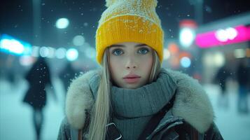 ai generiert jung Frau im Winter Kleider mit ein schneebedeckt Stadt Hintergrund beim Nacht foto