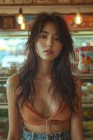 ai generiert Fotografie von ein schön Koreanisch Frau mit lange Haar tragen ein T-Shirt und Denim kurze Hose im ein Lebensmittelgeschäft Geschäft im seul im das 1970er Jahre foto