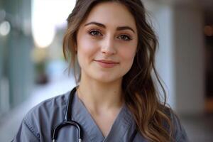 ai generiert Porträt von ein Frau Über 30 Jahre alt im ein grau Krankenschwester Uniform im ein Krankenhaus foto