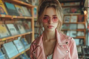 ai generiert jung slawisch Frau im ein Rosa Leder Jacke und Rosa Sonnenbrille im ein Musik- Geschäft foto