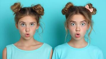 ai generiert Zwilling Mädchen Herstellung Überraschung Gesichter gegen aqua Hintergrund foto