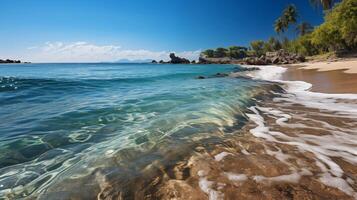 ai generiert tropisch Paradies Strand mit Weiß Sand und Blau Meer Wasser Reise Tourismus breit Panorama Hintergrund Konzept. idyllisch Strand Landschaft, Sanft Wellen, friedlich Natur Landschaft foto