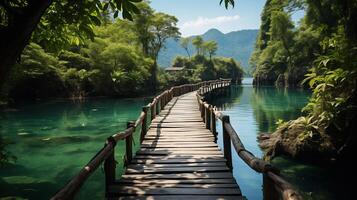 ai generiert entspannend auf Holz Brücke im schön Ziel Insel, phang-nga Bucht, Blau Himmel, Abenteuer Lebensstil Reise Thailand, Tourismus Natur Landschaft Asien, Tourist auf Sommer- Urlaub foto