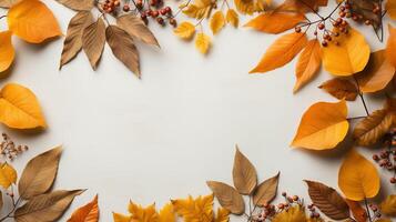 ai generiert Herbst Blätter und ein Blatt von Pergament Papier auf ein Weiß Hintergrund von über. mit Raum zum Text. minimal das Erntedankfest und Halloween saisonal Design Kunst. foto